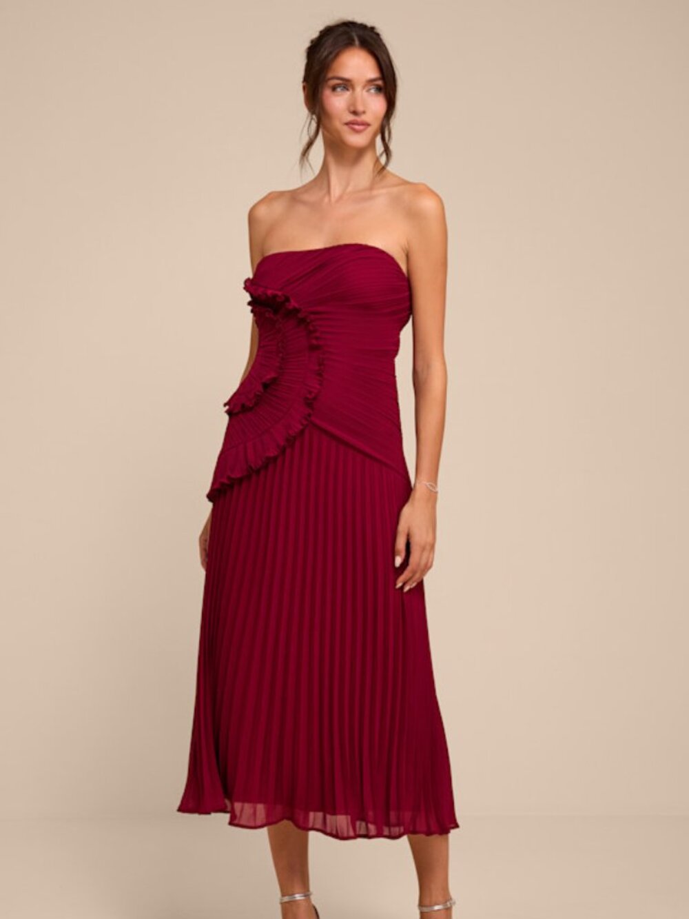 Lulus Talicia Burgundy Pleated Ruffled Midi Dress Red - Size L
